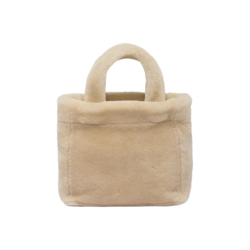 PRADA Shearling Plush Tote Bag, Shopping Bag, Shoulder Bag, Crossbody Bag, Handbag Women's Beige-1