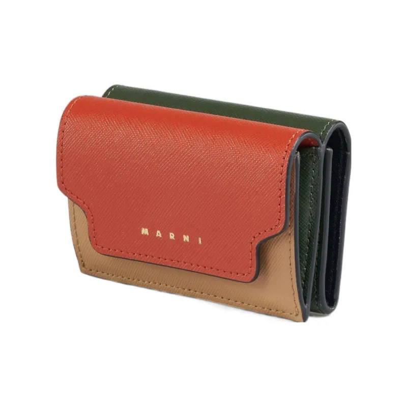MARNI Calfskin Trifold Wallet Mini Women's Orange/Beige/Green-1