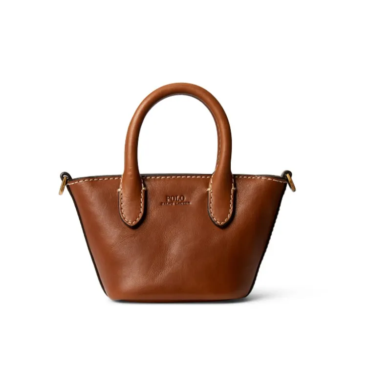 Polo Ralph Lauren Cow Leather Tote Bag Shopping Bag Shoulder Bag Crossbody Bag Handbag Small Size Women's Brown-0