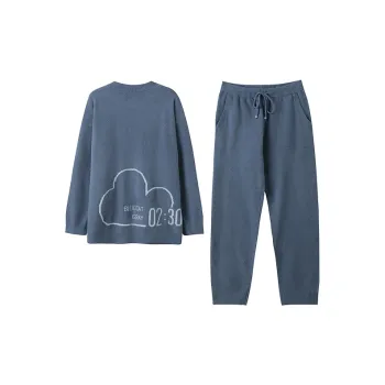 JINGYUN Pajama Set Fall And Winter Unisex Blue Cat Gray