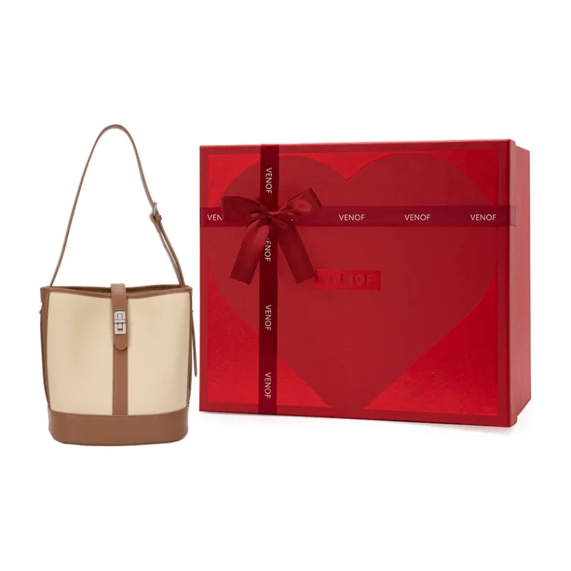 VENOF Cow Leather Bucket Bag, Shoulder Bag Medium Size Women's Beige/Brown-7