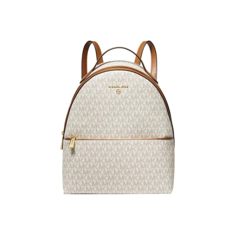 MICHAEL KORS Valerie Coated Canvas Backpack Medium Size Women's Vanilla White & Acorn Brown-0