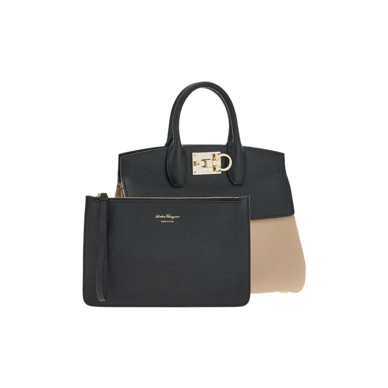FERRAGAMO Studio Calfskin Shoulder Bag Crossbody Bag Handbag Small Size Women's Black/Beige-1