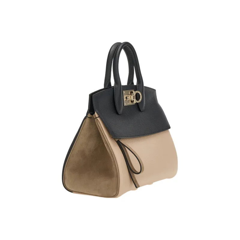 FERRAGAMO Studio Calfskin Shoulder Bag Crossbody Bag Handbag Small Size Women's Black/Beige-2