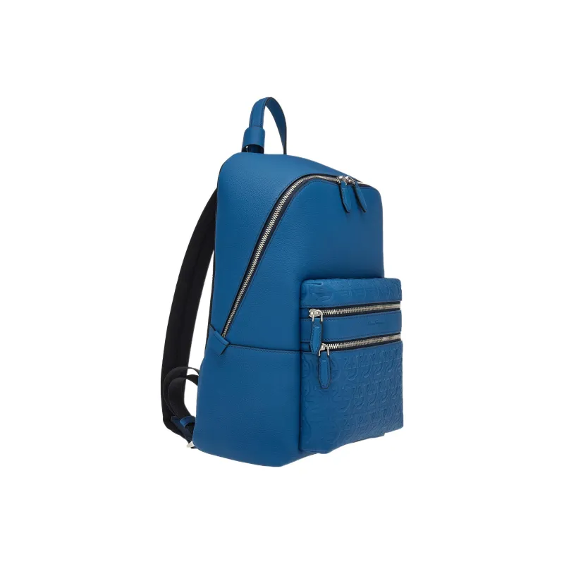 FERRAGAMO GANCINI Cow Leather Patchwork With Fabric Backpack Men's Blue-1