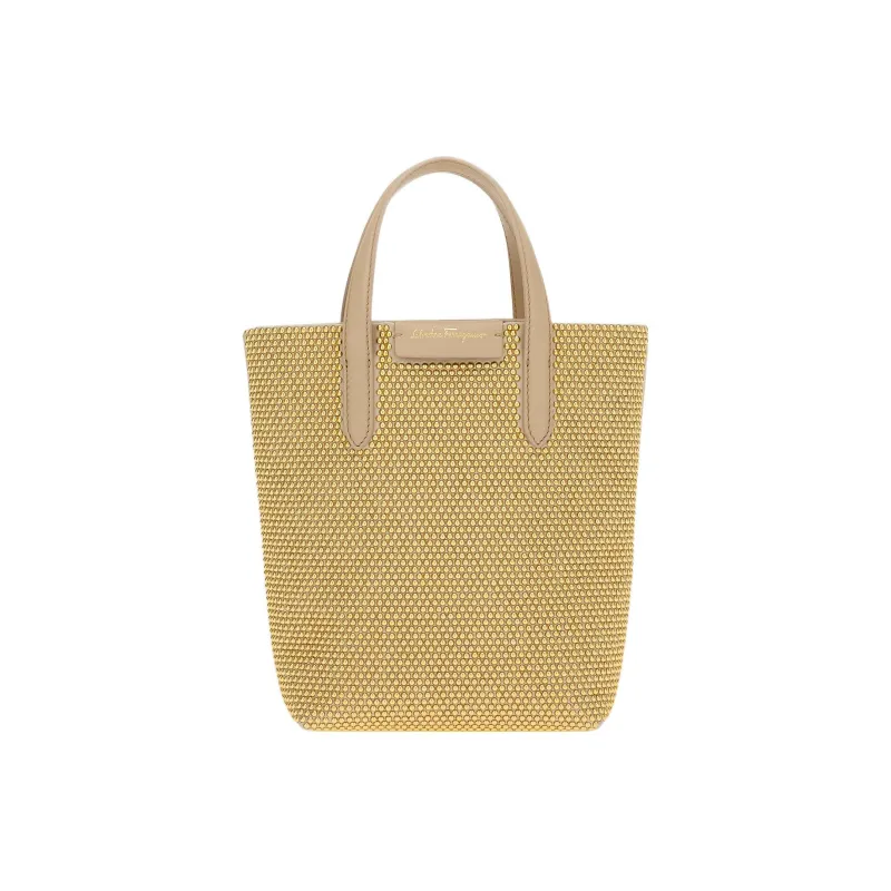 FERRAGAMO Fabric Cow Leather Patchwork Travel Bag Handbag Mini Women's Gold-0