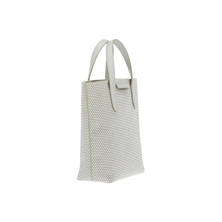 FERRAGAMO Fabric Cow Leather Patchwork Travel Bag Handbag Mini Women's Silver-1