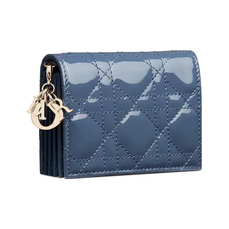 DIOR Lady Dior Patent Leather Cow Leather Card Holder Regular Women's Single Denim Blue-2