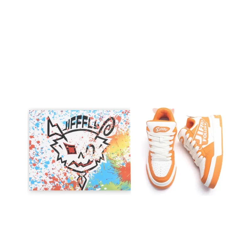 Jifffly Anti Slip And Wear Resistant Height Increasing Low Top Skateboard Shoes Unisex White Orange-7