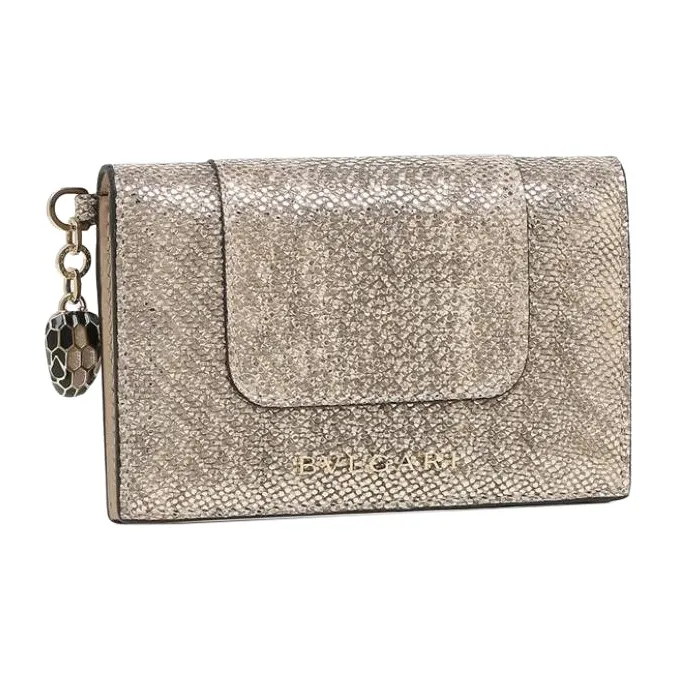 BVLGARI Serpenti Forever Series Water Snake Skin Foldable Card Holder Women's Brown-0