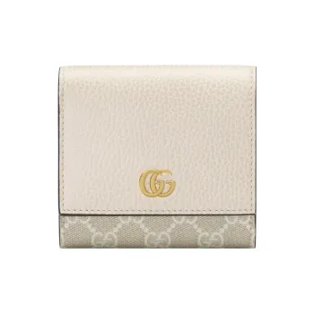 GUCCI GG Marmont Textured Leather With Canvas Wallet Small Size Women's White