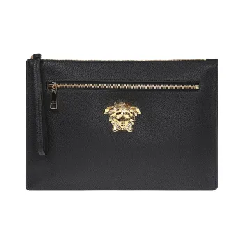 VERSACE La Medusa Calfskin Wrist Bag Clutch Men's Black