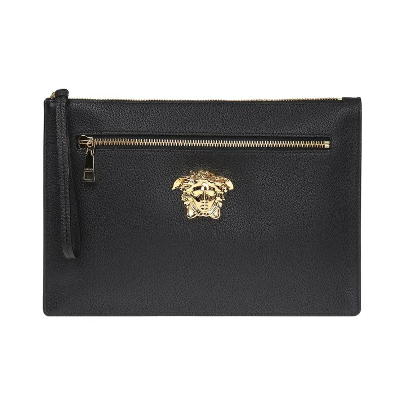 VERSACE La Medusa Calfskin Wrist Bag Clutch Men's Black-0