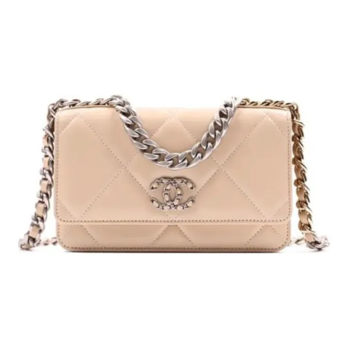 CHANEL 19BagWOC Lambskin And Metal Prosperity Bag With Zipper Small Square Bag Shoulder Bag Crossbody Bag Women's Beige-0