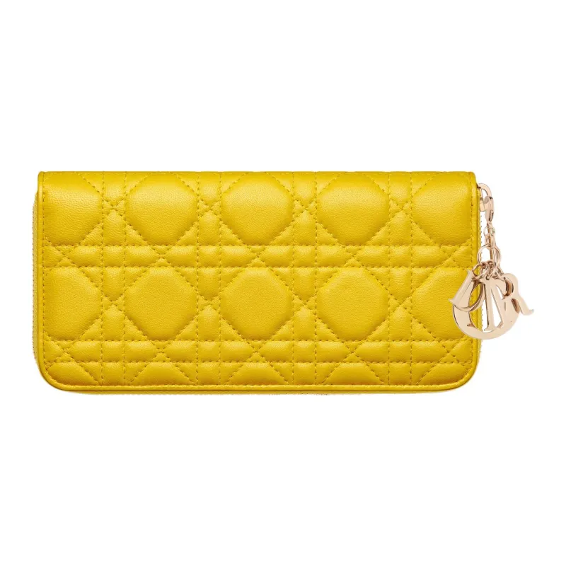 DIOR Lady Dior Quilting Lambskin Handheld Card Holder Wallet Regular Women's Yellow-2