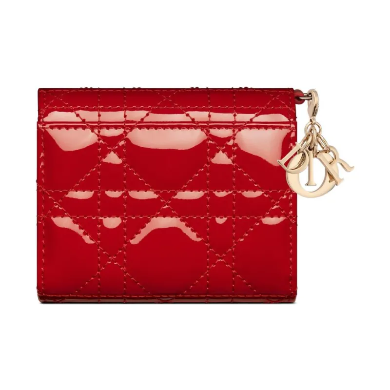 DIOR Lady Dior Patent Leather Calfskin Wallet Women's Red-1
