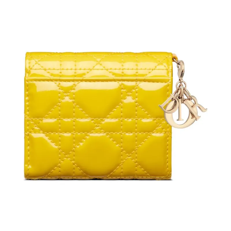 DIOR Lady Dior Patent Leather Calfskin Wallet Women's Yellow-1