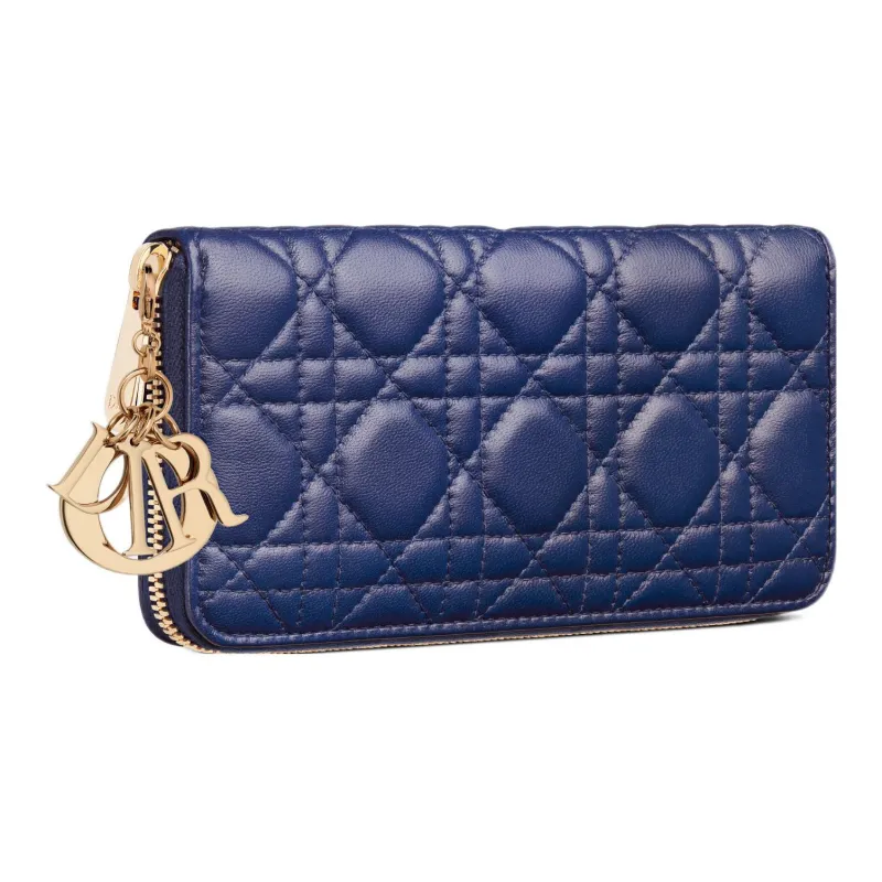 DIOR Lady Dior Quilting Lambskin Handheld Card Holder Wallet Women's Royal Blue-1