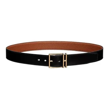 HERMES Minimalist Style Casual Fashion Gold Buckle Togo Calfskin Double-Sided Leather Belt Men's Black Width: 3.2cm
