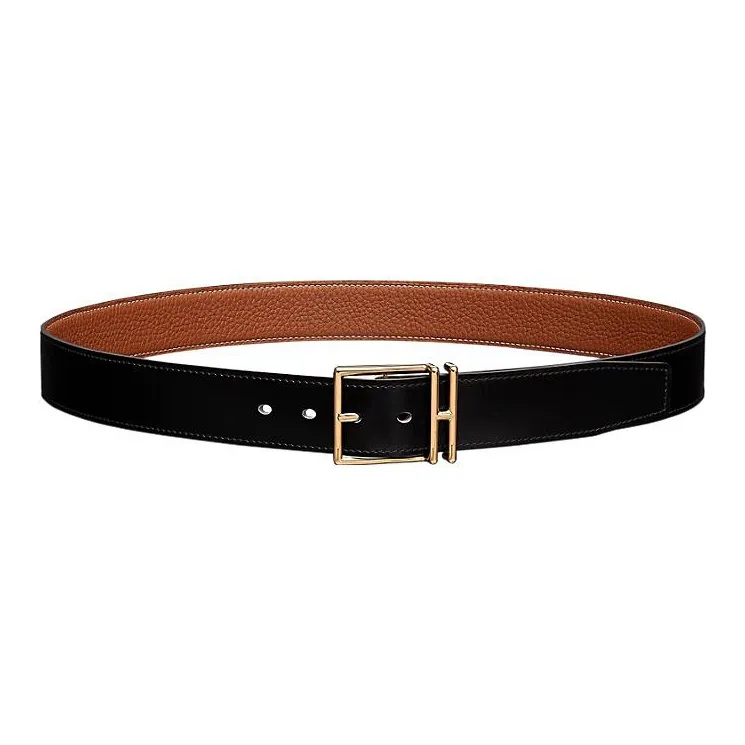HERMES Minimalist Style Casual Fashion Gold Buckle Togo Calfskin Double-Sided Leather Belt Men's Black Width: 3.2cm-0