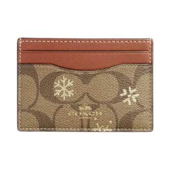 COACH Card Case Coated Canvas With Smooth Leather Document Bag, Card Holder Mini Women's Khaki & Brown