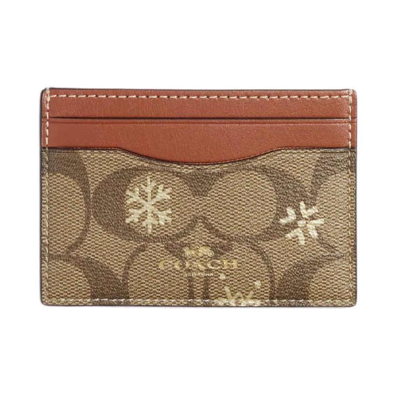 COACH Card Case Coated Canvas With Smooth Leather Document Bag, Card Holder Mini Women's Khaki & Brown-0