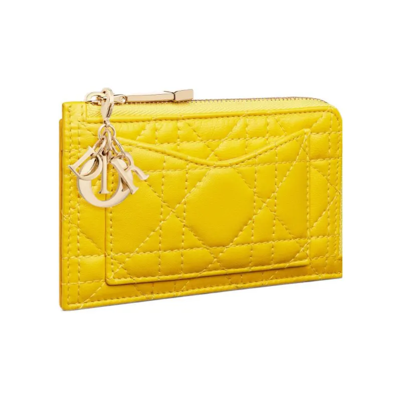 DIOR Lady Dior Quilting Wicker Pattern Lambskin Card Holder Women's Yellow-1