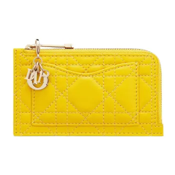 DIOR Lady Dior Quilting Wicker Pattern Lambskin Card Holder Women's Yellow