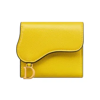 DIOR Saddle Goatskin Card Holder Wallet Women's Yellow