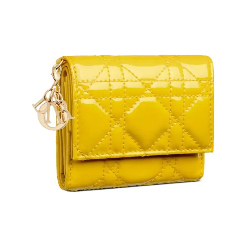 DIOR Lady Dior Patent Leather Calfskin Wallet Women's Yellow-2