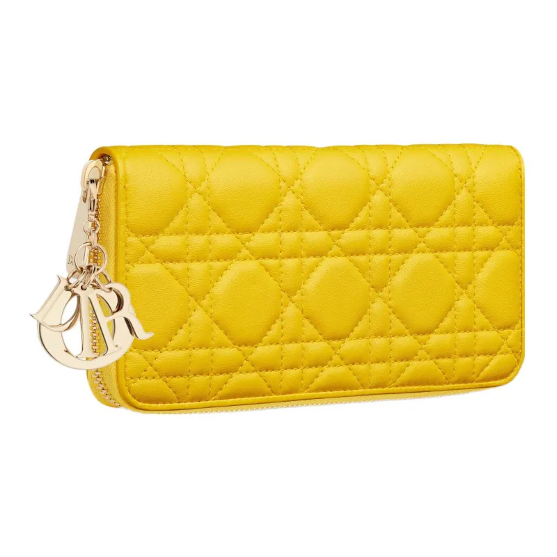 DIOR Lady Dior Quilting Lambskin Handheld Card Holder Wallet Regular Women's Yellow-1