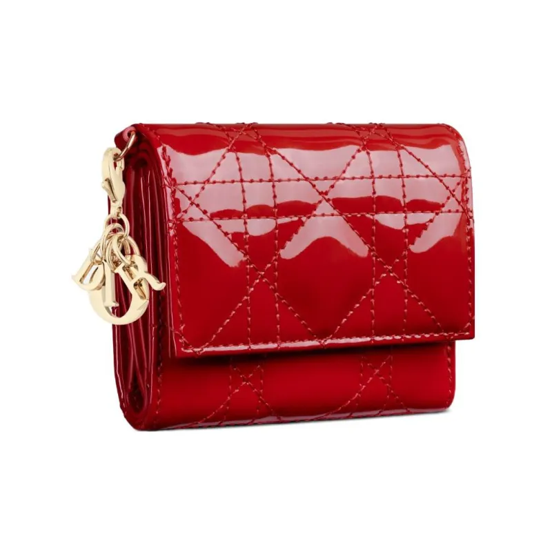 DIOR Lady Dior Patent Leather Calfskin Wallet Women's Red-2