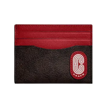 COACH Card Case Coated Canvas With Exquisite Calfskin Document Wallet Card Holders Mini Women's Mahogany Color With Red