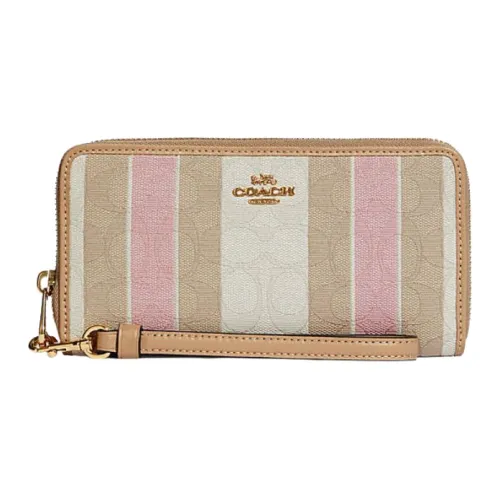 COACH Zip Around Fabric Card Holder Wallet Small Size Women's Brown & Pink