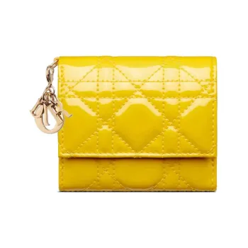 DIOR Lady Dior Patent Leather Calfskin Wallet Women's Yellow
