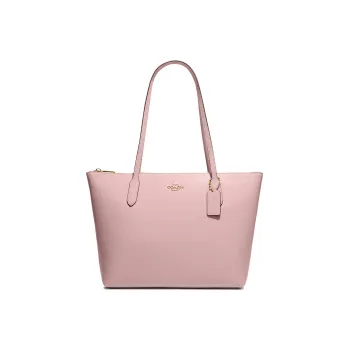 COACH Zip Top Tote Cross Stitch Leather Handbag Shoulder Bag Women's Pink