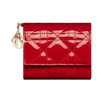 DIOR Lady Dior Patent Leather Calfskin Wallet Women's Red