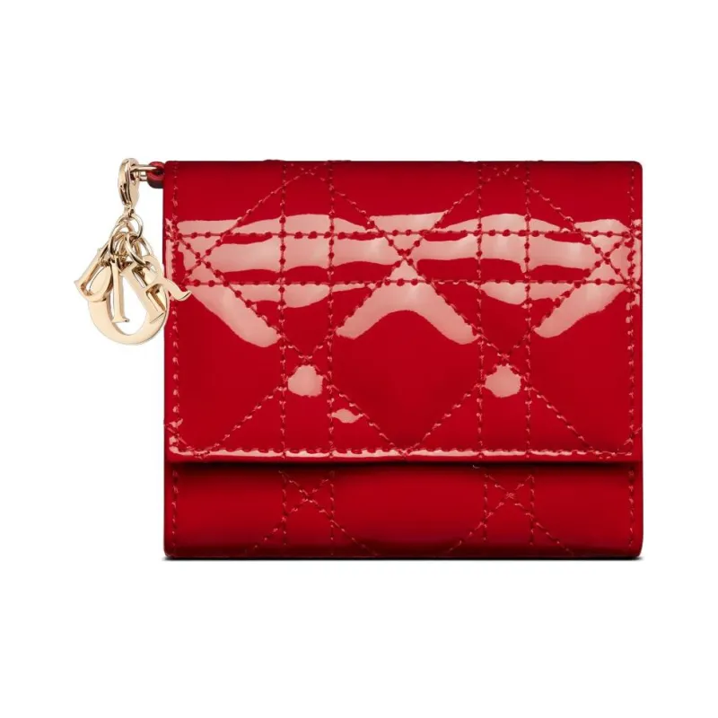 DIOR Lady Dior Patent Leather Calfskin Wallet Women's Red-0