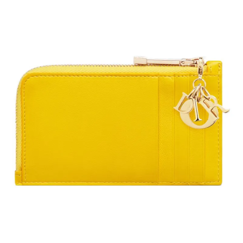 DIOR Lady Dior Quilting Wicker Pattern Lambskin Card Holder Women's Yellow-2