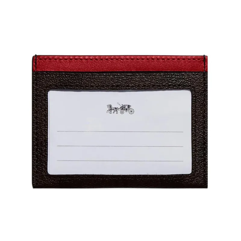 COACH Card Case Coated Canvas With Exquisite Calfskin Document Wallet Card Holders Mini Women's Mahogany Color With Red-1