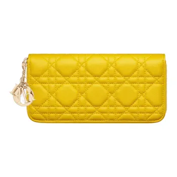 DIOR Lady Dior Quilting Lambskin Handheld Card Holder Wallet Regular Women's Yellow