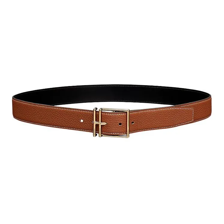 HERMES Minimalist Style Casual Fashion Gold Buckle Togo Calfskin Double-Sided Leather Belt Men's Black Width: 3.2cm-1