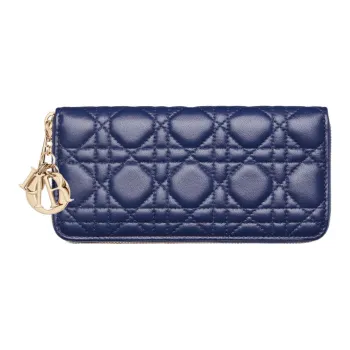 DIOR Lady Dior Quilting Lambskin Handheld Card Holder Wallet Women's Royal Blue