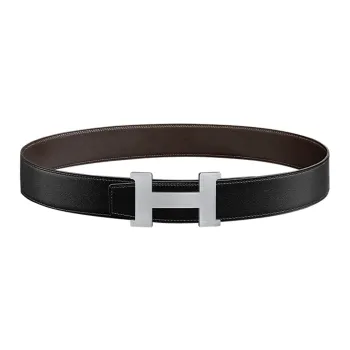 HERMES Comfortable Silver Buckle Togo Calfskin Double Sided Leather Belt Men's Black Width  3.8cm
