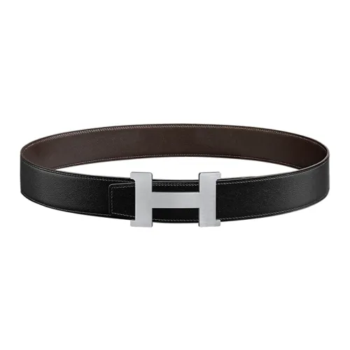 HERMES Comfortable Silver Buckle Togo Calfskin Double Sided Leather Belt Men's Black Width  3.8cm