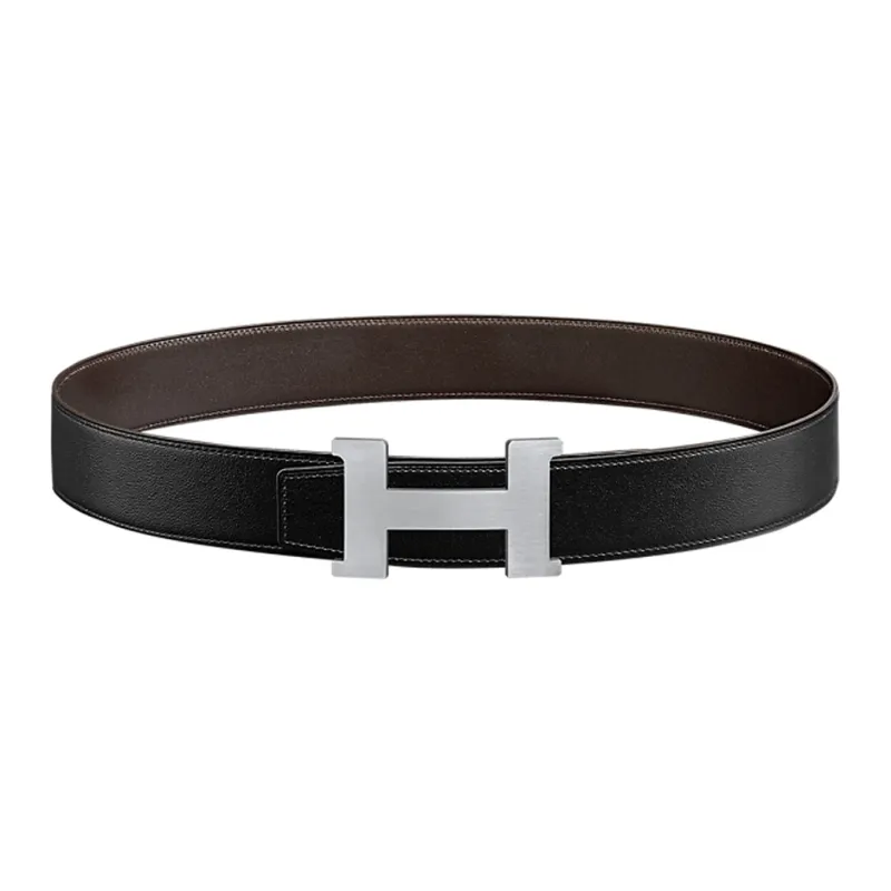 HERMES Comfortable Silver Buckle Togo Calfskin Double Sided Leather Belt Men's Black Width  3.8cm-0