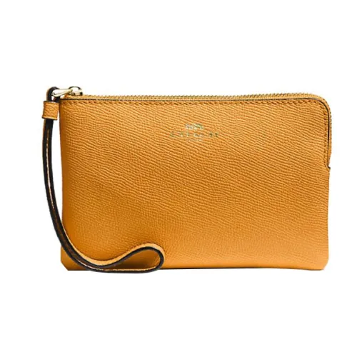 COACH Corner Zip Cross-Stitch Leather Wrist Bags Clutches Small Size Women's Yellow