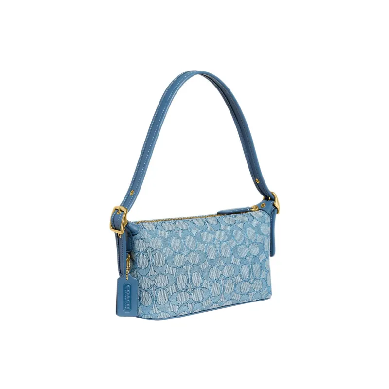 COACH Demi Jacquard Fabric With Recycled Leather Shoulder Bag Handbag Medium Size Women's Lake Blue Color-1