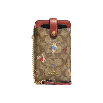 COACH Coated Canvas With Smooth Leather Cell Phone Pouch, Shoulder Bag, Crossbody Bag Mini Women's Khaki