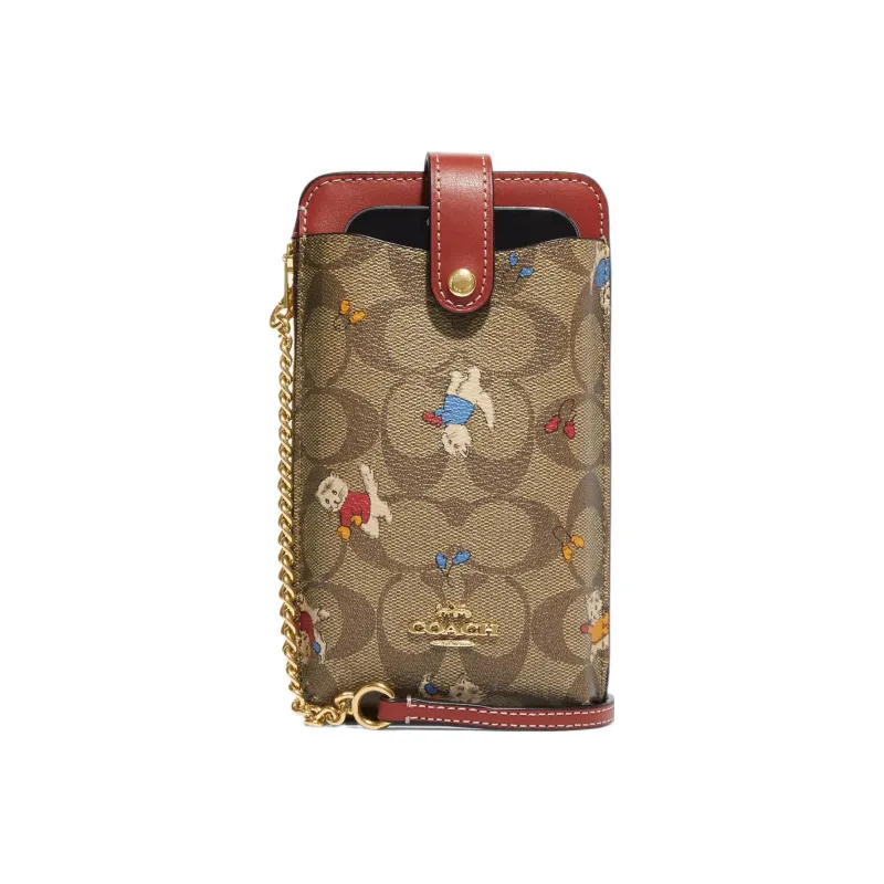 COACH Coated Canvas With Smooth Leather Cell Phone Pouch, Shoulder Bag, Crossbody Bag Mini Women's Khaki-0